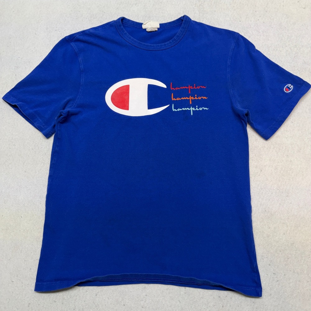 Champion Graphic T-Shirt‎ Mens Medium Blue Big Logo Script Y2K Skater Streetwear